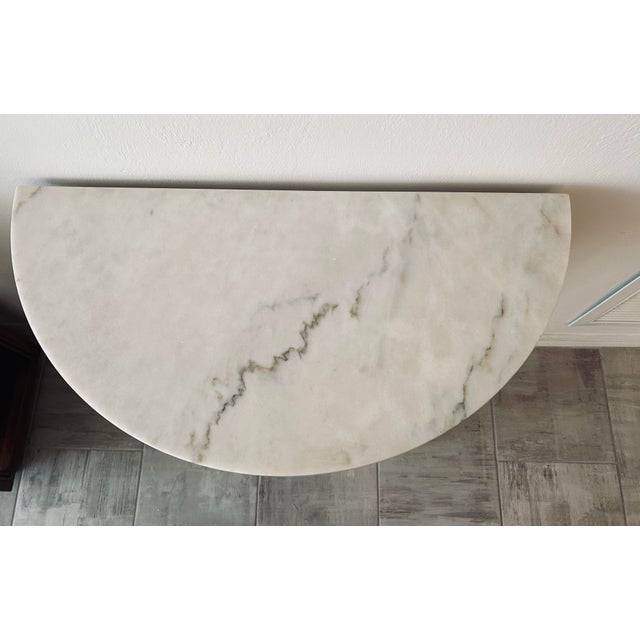 Vintage painted wood Demi-lune console table with beautiful thick white vain marble top, 30” wide, 30.5” tall, 15” deep:...
