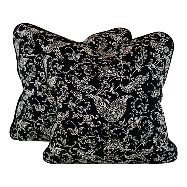 Designer Premier Prints MM Designs Black & White Botanical Floral Leaf Paisley Scroll Pillow Covers- a Pair For Sale