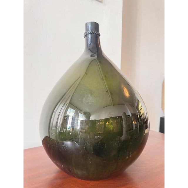 Antique French Green Free Blown Glass Demijohn Bottle, 1800s For Sale - Image 4 of 12