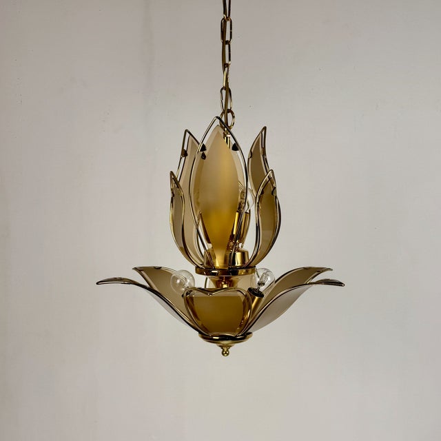Vintage Lotus Chandelier in Brass and Brown Smoked Beveled Glass, Italy, 1980s For Sale - Image 9 of 9