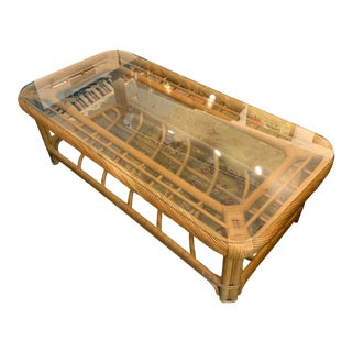 Mid-Century Modern Glass Top Rattan Coffee Table For Sale