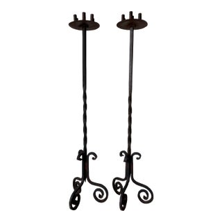 Vintage Jan Barboges Hand-Forged Iron Floor Candle Holders – Pair For Sale