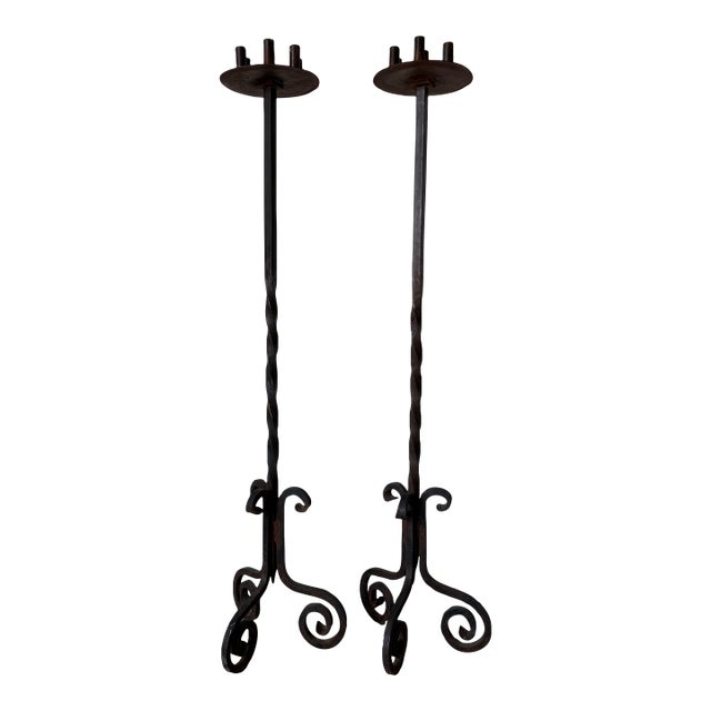 Vintage Jan Barboges Hand-Forged Iron Floor Candle Holders – Pair For Sale