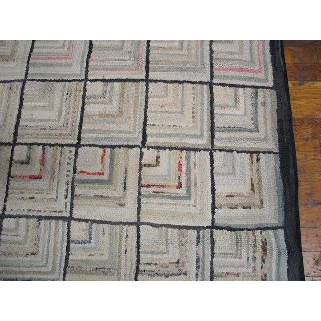 1920s Ivory Geometric Folk Art Antique Century American Hooked Rug 6' X 9'3" Handknotted Wool Carpet For Sale - Image 4 of 8