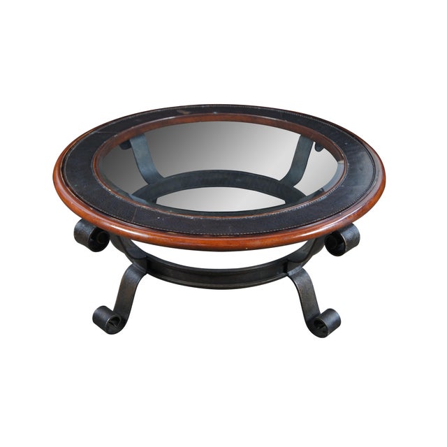 Modern Maitland Smith Mahogany & Iron Modern Round Glass Top Coffee Cocktail Table For Sale - Image 3 of 12