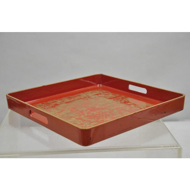 Late 20th Century Red Lacquered Wood Ancient Egyptian Hieroglyphic Gold Papyrus Square Bar Tray For Sale - Image 12 of 12