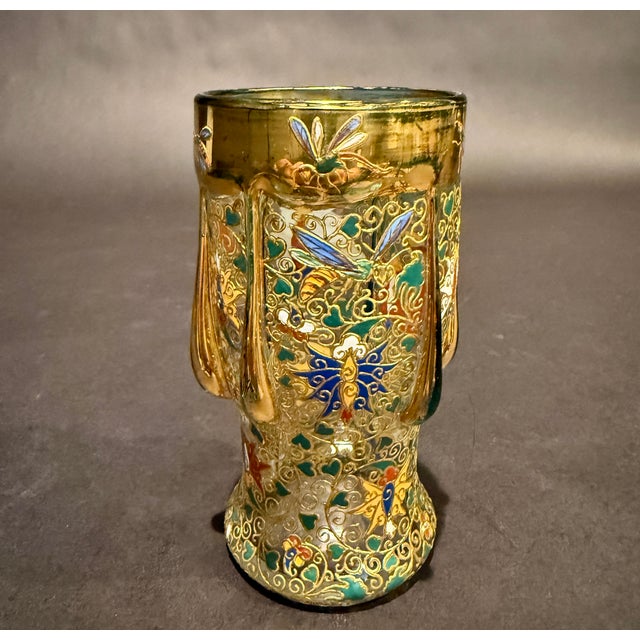 Art Nouveau Moser Antique Bohemian Art Nouveau Enameled & Gilded Glass Insect Cabinet Vase For Sale - Image 3 of 11