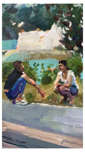 Su Yu, Two Girls on the Roadside, 2022, Oil on Canvas
