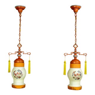 Early 20th Century Chinoiserie to Art Deco to Art Nouveau Pendant Lights Hand Painted Avian a Pair For Sale
