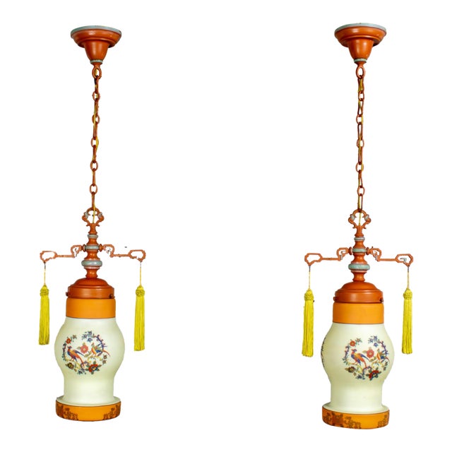 Early 20th Century Chinoiserie to Art Deco to Art Nouveau Pendant Lights Hand Painted Avian a Pair For Sale
