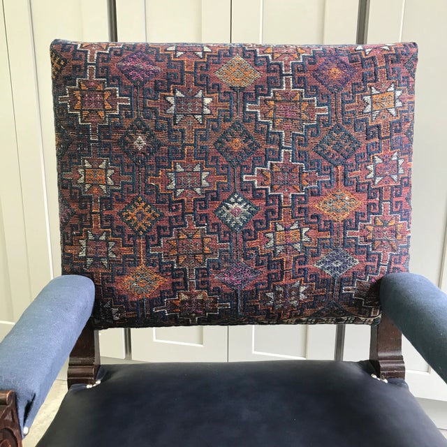 1920s Oak Leather Linen Armchair Reupholstered For Sale - Image 9 of 12