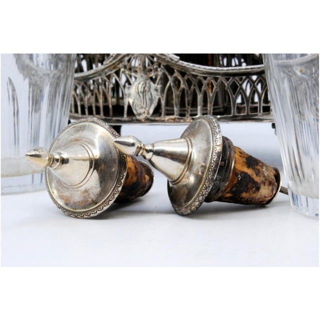 Metal Cruet with Silver Structure Cut Into the Shape of Nave with Two Cut Glass Cruets on Four Raised Feet and Silver Lid Support For Sale - Image 7 of 11