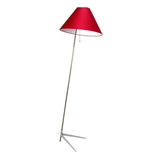 Floor Lamp with Crows Foot and Red Silk Lampshade, 1950s For Sale