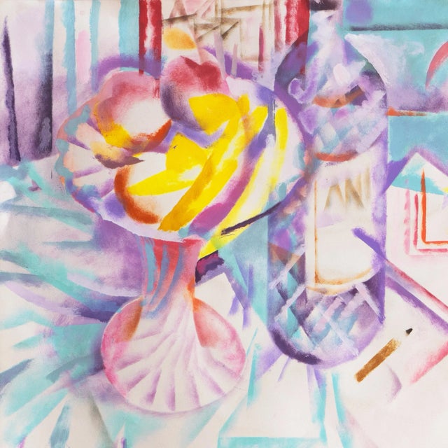 Abstract 'Still Life of Pastis and Peaches on a Lace Tablecloth' by Ramon Moscardo, Prismatic Modernist Gouache For Sale - Image 3 of 11