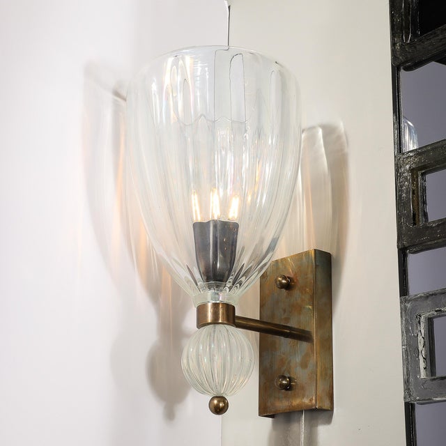 Modernist Brass Handblown Iridescent Vintage Murano Glass Orbital Drop Sconces For Sale - Image 9 of 15