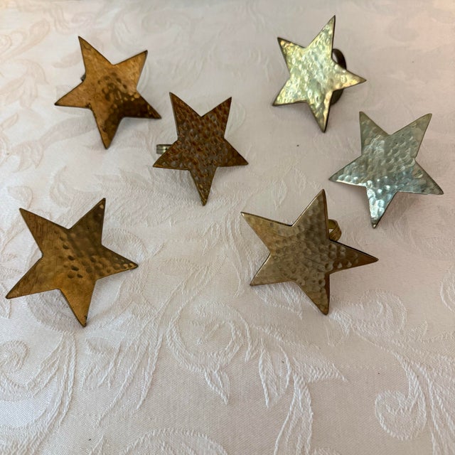 Late 20th Century Vintage Hammered Brass Star Holiday Napkin Rings, Set of 6 For Sale - Image 5 of 5