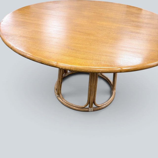 Vintage Round Dining Table in Oak and Bamboo, 1970s For Sale - Image 4 of 9