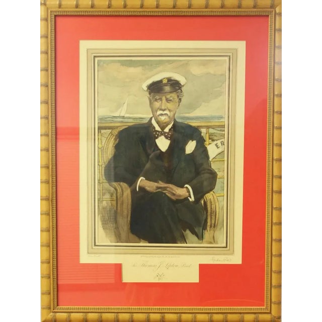 Classic hand-colour litho c1931 of Sir Thomas J Lipton, Bart by Gordon Ross (1873-1946) aboard his yacht 'Erin' Image Sz:...