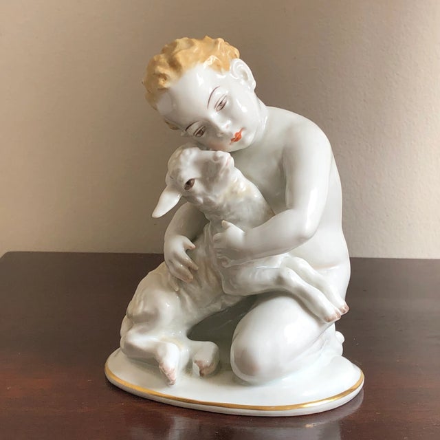 Art Nouveau Circa 1930 Rosenthal Germany Cherub With Lamb Porcelain Sculpture For Sale - Image 3 of 12