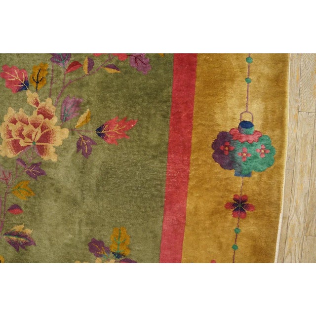 Asparagus 1920s Green Asparagus Vase Floral Antique Chinese Art Deco Rug 9' X 11' 6" Knotted Wool Carpet For Sale - Image 8 of 9