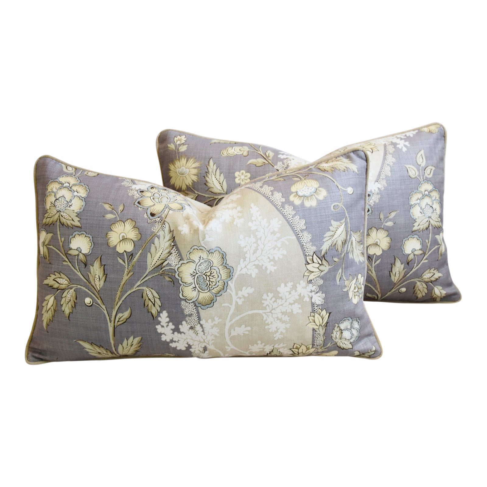 Floral Linen & Velvet Feather/Down Pillows 26" X 16" Pair Chairish