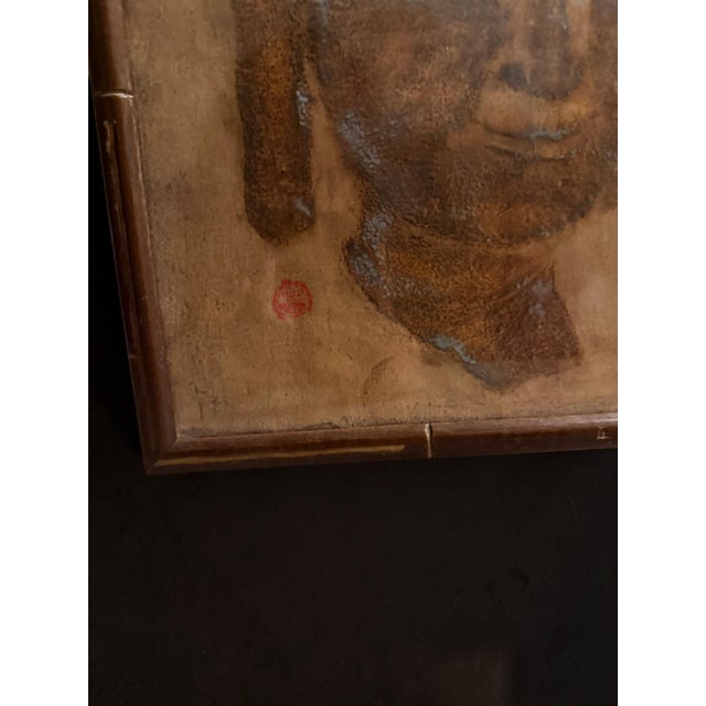 Late 20th Century Vintage Framed Buddha Temple Stone Rubbing Art With Red Seal & Bamboo-Style Frame For Sale - Image 5 of 11