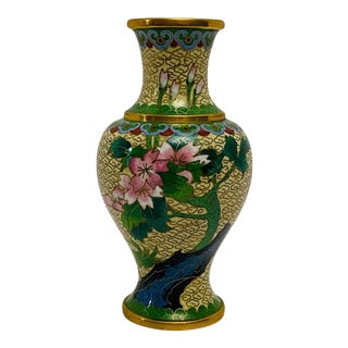 Vintage Cloisonné Chinoiserie Floral and Butterfly 6 Vase For Sale