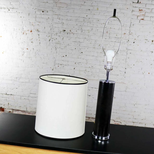 Black Mid 20th Century Chrome & Black Faux Leather International Style Cylindrical Table Lamp After Walter Von Nessen For Sale - Image 8 of 13
