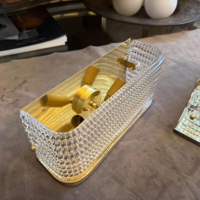 Two 1990s Mid-Century Modern Italian Brass and Glass Rectangular Wall Sconces For Sale - Image 10 of 11