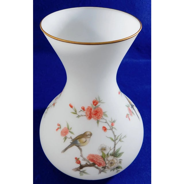 Shabby Chic Large Vintage Pink & White Satin Glass Birds & Flowers Gold Trim Flower Vase For Sale - Image 3 of 10