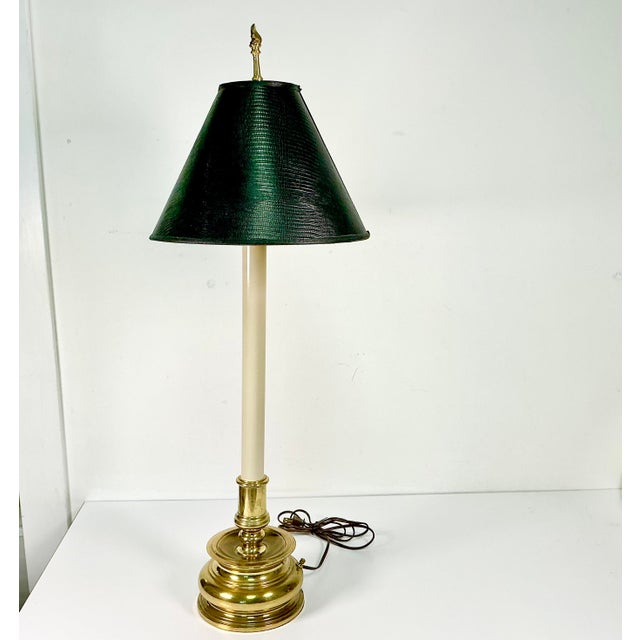 Mid-Century French Regency Neoclassical Candlestick Table Lamp & Reptile Embossed Black Shade For Sale - Image 12 of 13