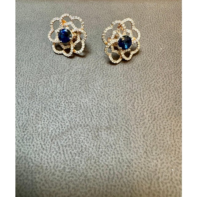 Early 21st Century 1 Carat Each Sapphire Diamond Flower/Cluster Earring 14 Karat Rose Gold For Sale - Image 5 of 18