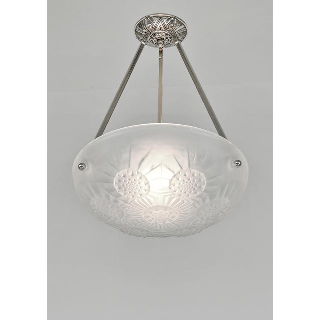 Jean Noverdy French Art Deco Pendant Light - Frosted Glass Bowl by Noverdy 1930s - 3 Available For Sale - Image 4 of 12