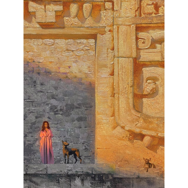 Xibalbá by Diego Glazer | Oil on Panel Scene of a woman and animals near an ancient stone wall For Sale - Image 4 of 5