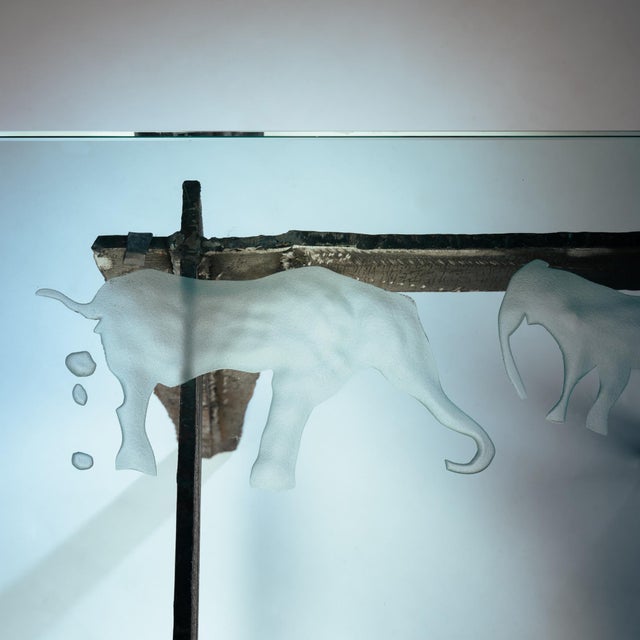 1970s Brutalist Steel Side Tables with Etched Safari Motifs in Glass, 1970s, Set of 2 For Sale - Image 5 of 18