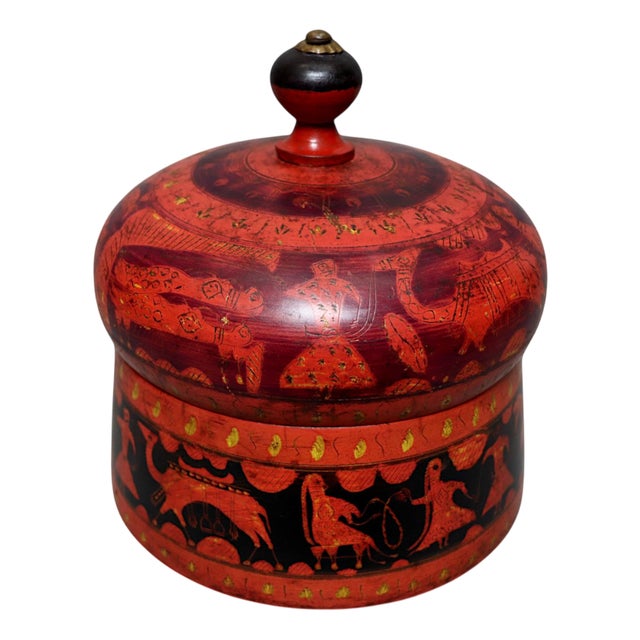 Vintage Handpainted Wooden Lacquerware Spice Box,, 1950s For Sale