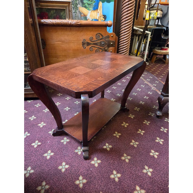 Wood Antique French Art Deco Side Table Parquet Top Oak For Sale - Image 7 of 7