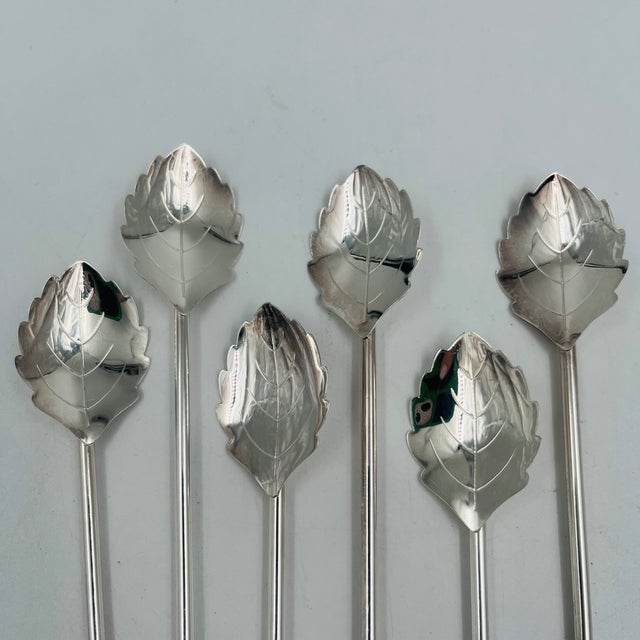 Mid-Century Modern Silverplate Leaf Design Cocktail Stirrer Straws Sipper Spoons Denmark - Set of 6 For Sale - Image 9 of 16