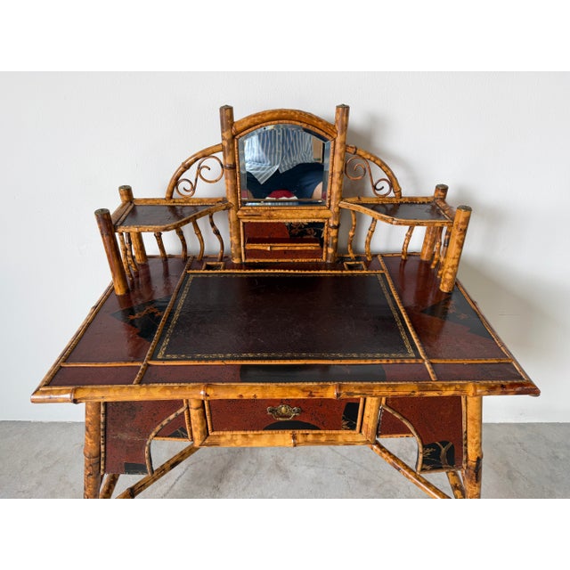 19th-Century English Aesthetic Movement Burnt Bamboo & Lacquer Writing Desk With Mirror For Sale - Image 4 of 17
