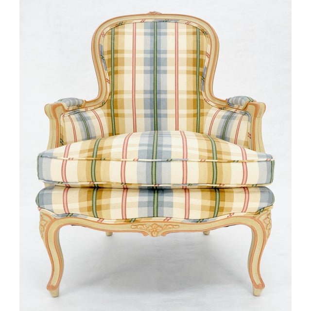 Funky Upholstery Painted & Carved Frame French Ballon Back Arm Lounge Chair MINT For Sale - Image 10 of 16