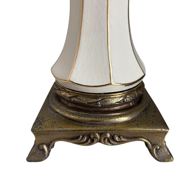Vintage Cream Brass Gold Hollywood Regency Gilded Porcelain Boudoir Table Lamps - a Pair For Sale In Chicago - Image 6 of 6