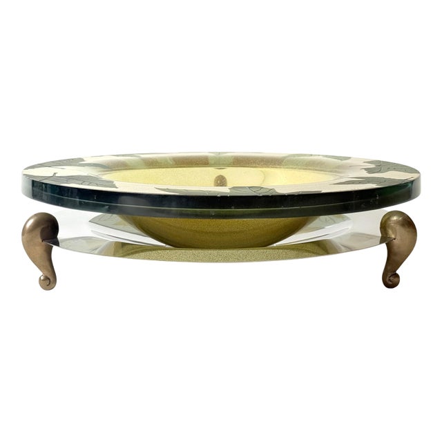 Large Art Glass Centerpiece Bowl with Brass Stand, 2000 For Sale