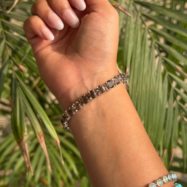 6x6 Mm Cushion Cut Smoky Topaz Tennis Bracelet in 925 Silver by Caratandher For Sale - Image 9 of 11