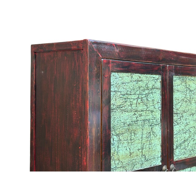 Oxblood Red Chinese Distressed Turquoise Brown Large Armoire Wardrobe Cabinet For Sale - Image 8 of 15