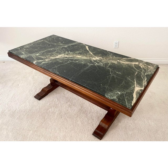Mid 20th Century Unique Marble and Wood French Inspired Trestle Console/Libaray/Coffee/Cocktail/Display Table Great Vintage Condition For Sale - Image 4 of 11