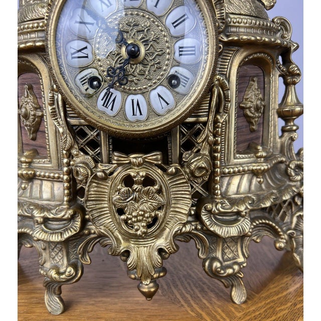 Metal Vintage French Brass Ornate Romantic Couple Mantel Clock For Sale - Image 7 of 16