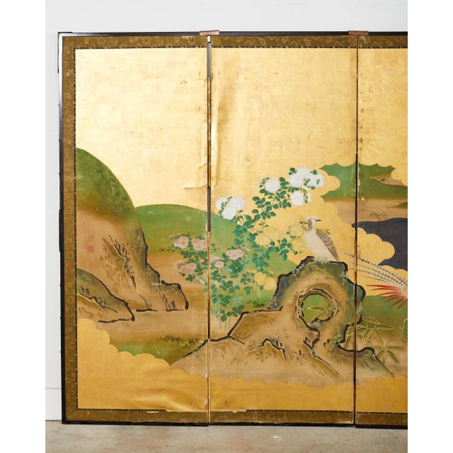 Japanese Japanese Meiji Six Panel Screen Kano School Bird Waterscape For Sale - Image 3 of 12
