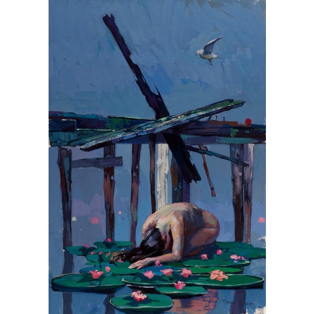 This artwork depicts a serene figure, hunched over in a tranquil water scene adorned with lily pads and delicate flowers....