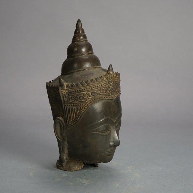 Antique Cast Bronze Crowned Tibetan Buddha Head 18thC For Sale - Image 4 of 5