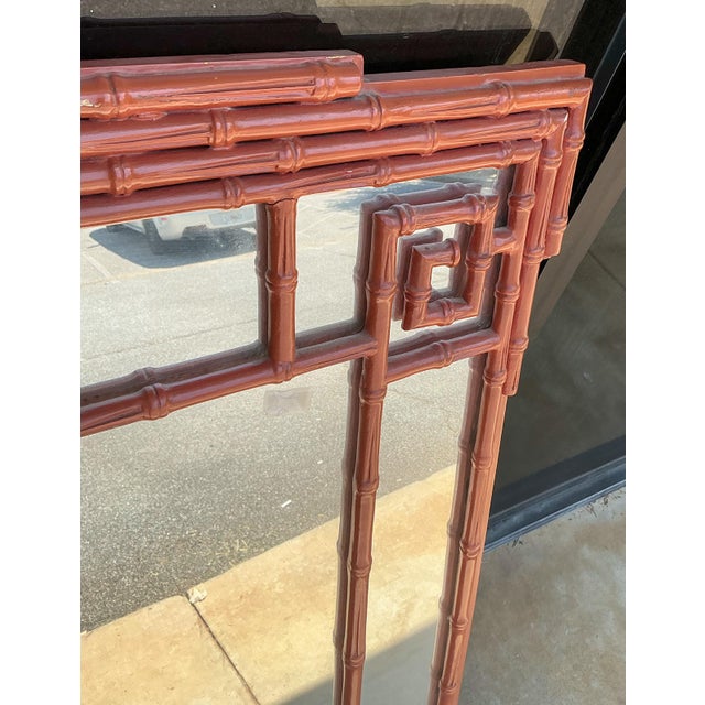 1960s Mid-Century Hollywood Regency Faux Bamboo Greek Key Form Mirror- Burnt Orange For Sale - Image 5 of 6